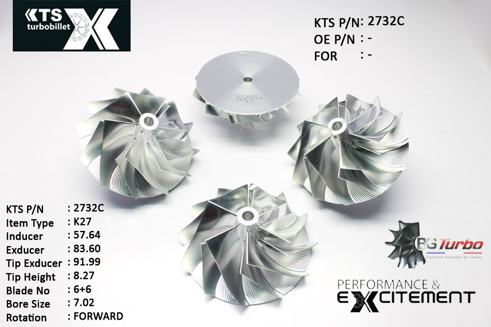Turbo ROUE FORGÉE MFS PERFORMANCE - 6+6 PALES - INDUCER : 57,64 - EXDUCER : 83,6 - TYPE : K27ANGLE : 60° - ROTATION : Forward - SUPER BACK : -0,03 - BORE SIZE : 7,02
